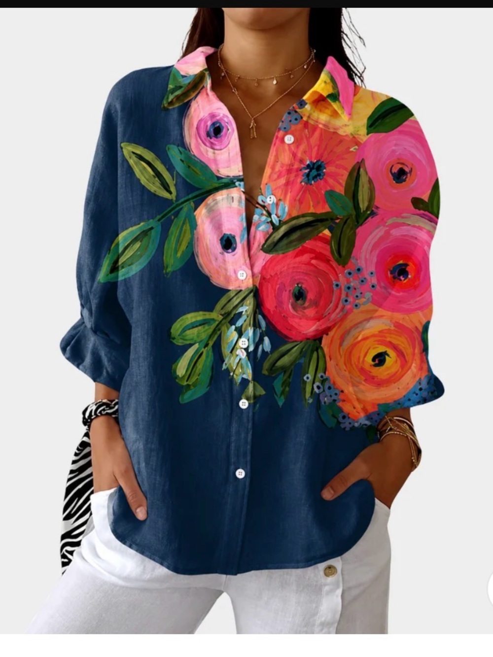 Floral Print Navy Button-Up Shirt